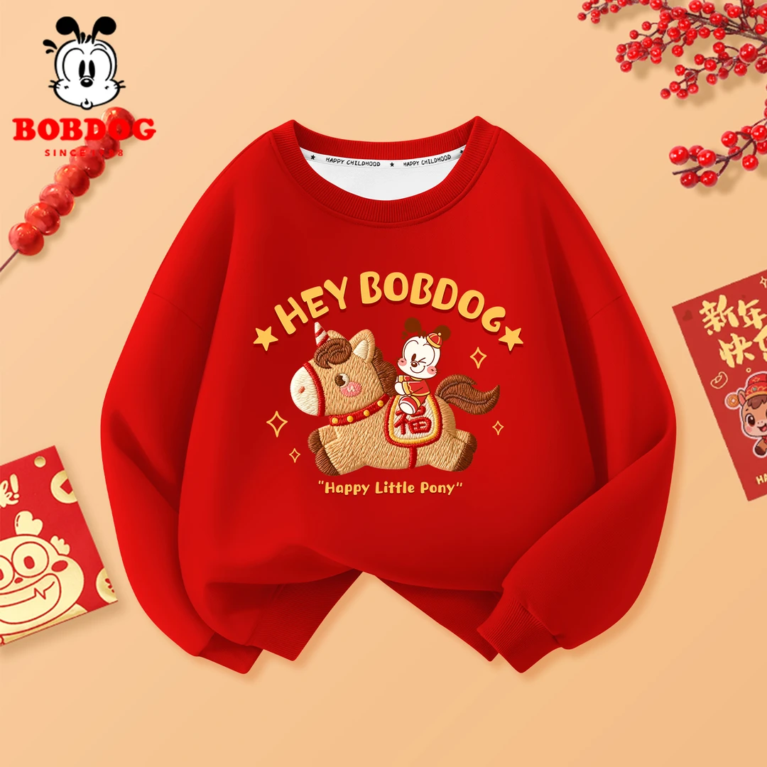 巴布豆童装儿童新年卫衣2026马年红色拜年服男童女童喜庆过年衣服