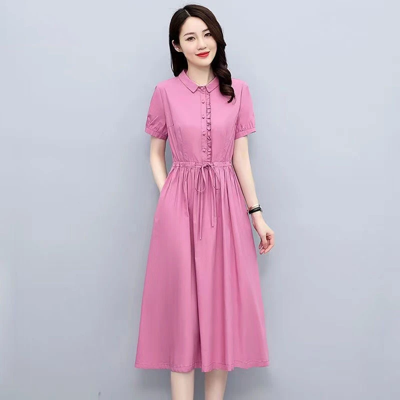 纯色薄款短袖2025年新款连衣裙女夏季收腰中长款减龄洋气翻领裙子