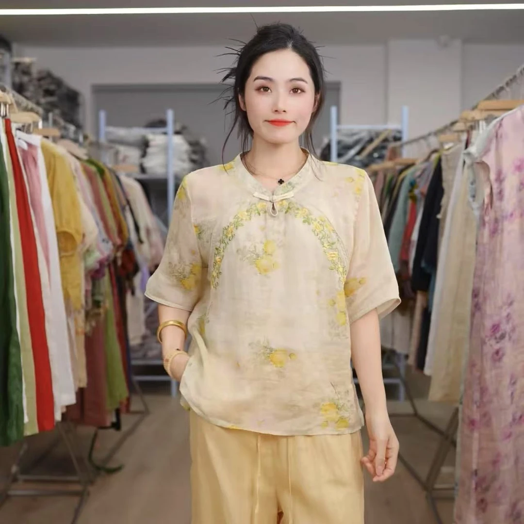 占梅芳夏季新款水滴领盘扣衬衫6552