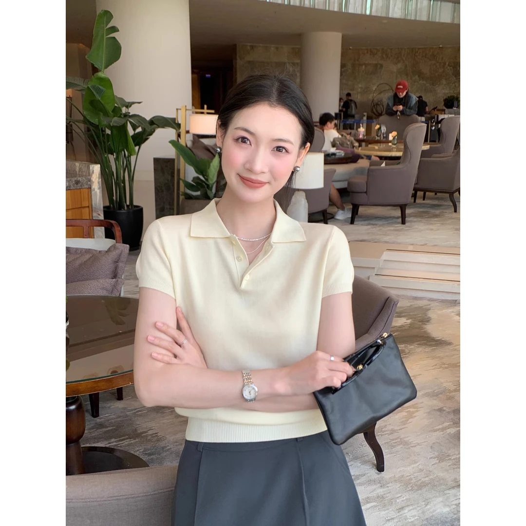 夏日凉感白色POLO衫正肩短袖T恤女夏季短款冰丝针织显瘦翻领上衣
