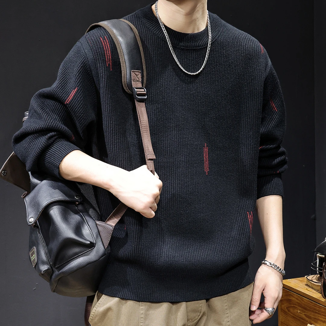 LEIGHZ/雷茨撞色挑纱针织衫简约2025秋冬新款圆领休闲毛衣男宽松