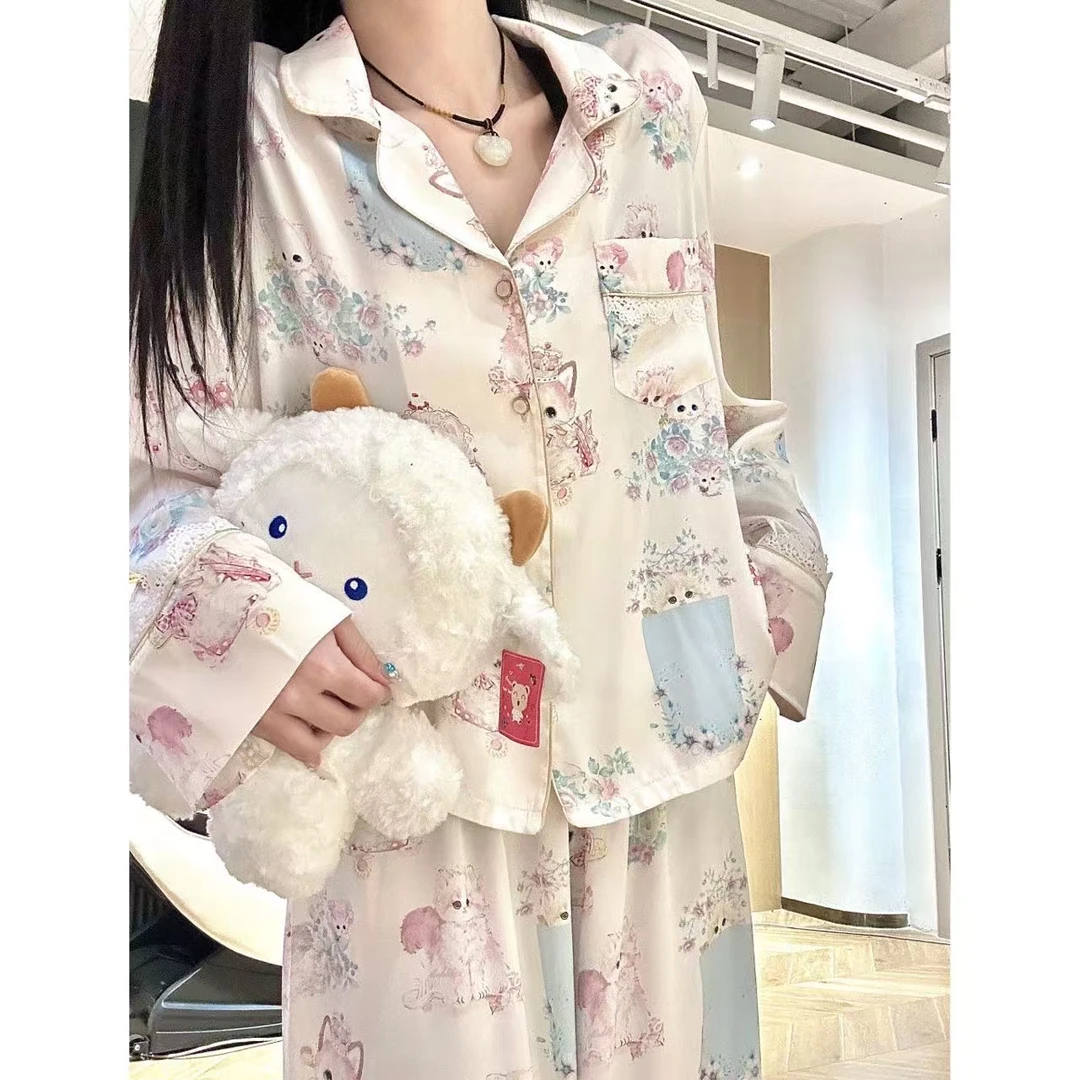 春夏款凉感柔光软丝薄款长袖舒适宽松卡通套装可外穿女透气家居服