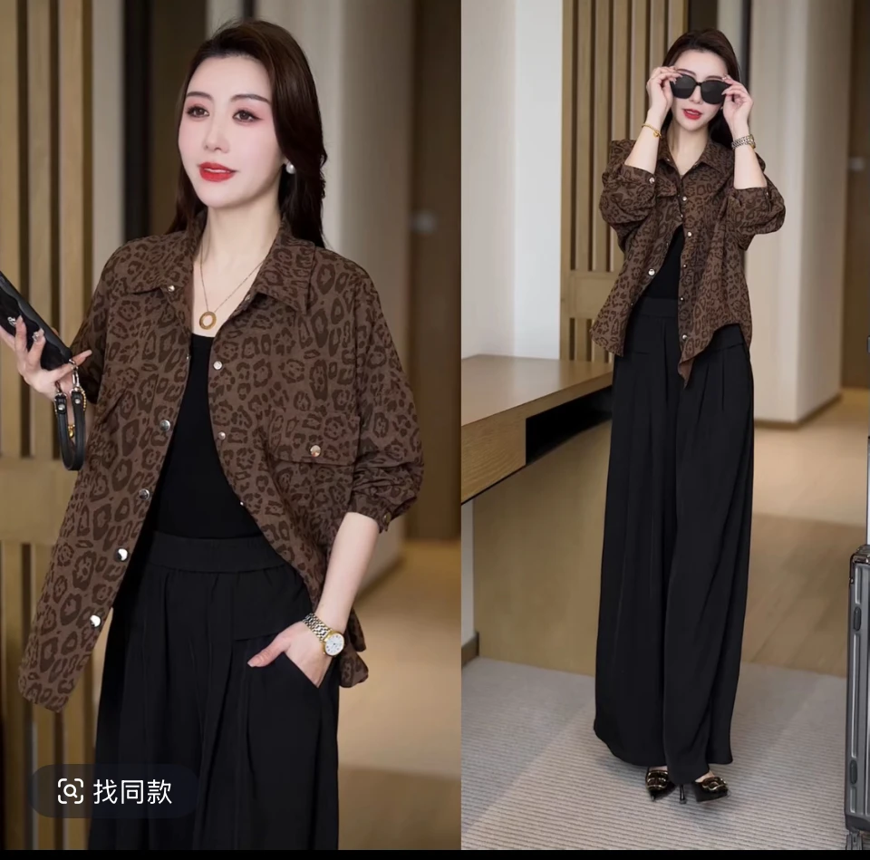 2025秋季新款气质显瘦衬衣时尚复古豹纹宽松衬衫中老年百搭上衣女