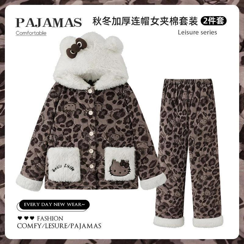 家居服连帽套装2025年冬季睡衣女海岛绒三层夹棉珊瑚绒加绒加厚