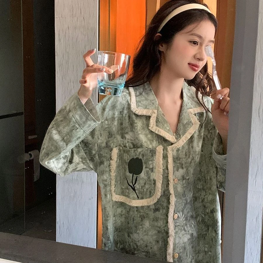 国风水墨绿睡衣女春夏款流苏边可外穿家居服特薄款清理