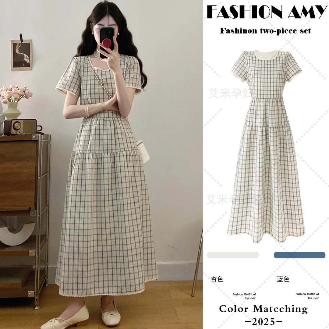 孕妇连衣裙夏季新款时尚法式气质甜美花边方领短袖格子显瘦长裙子