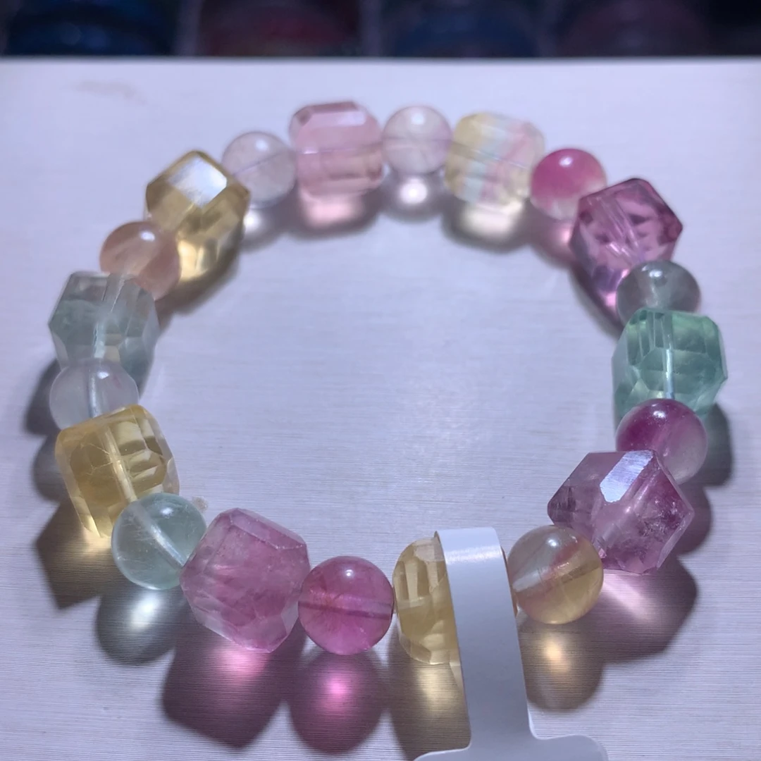 水晶手串银S925镶嵌萤石方糖10.9m