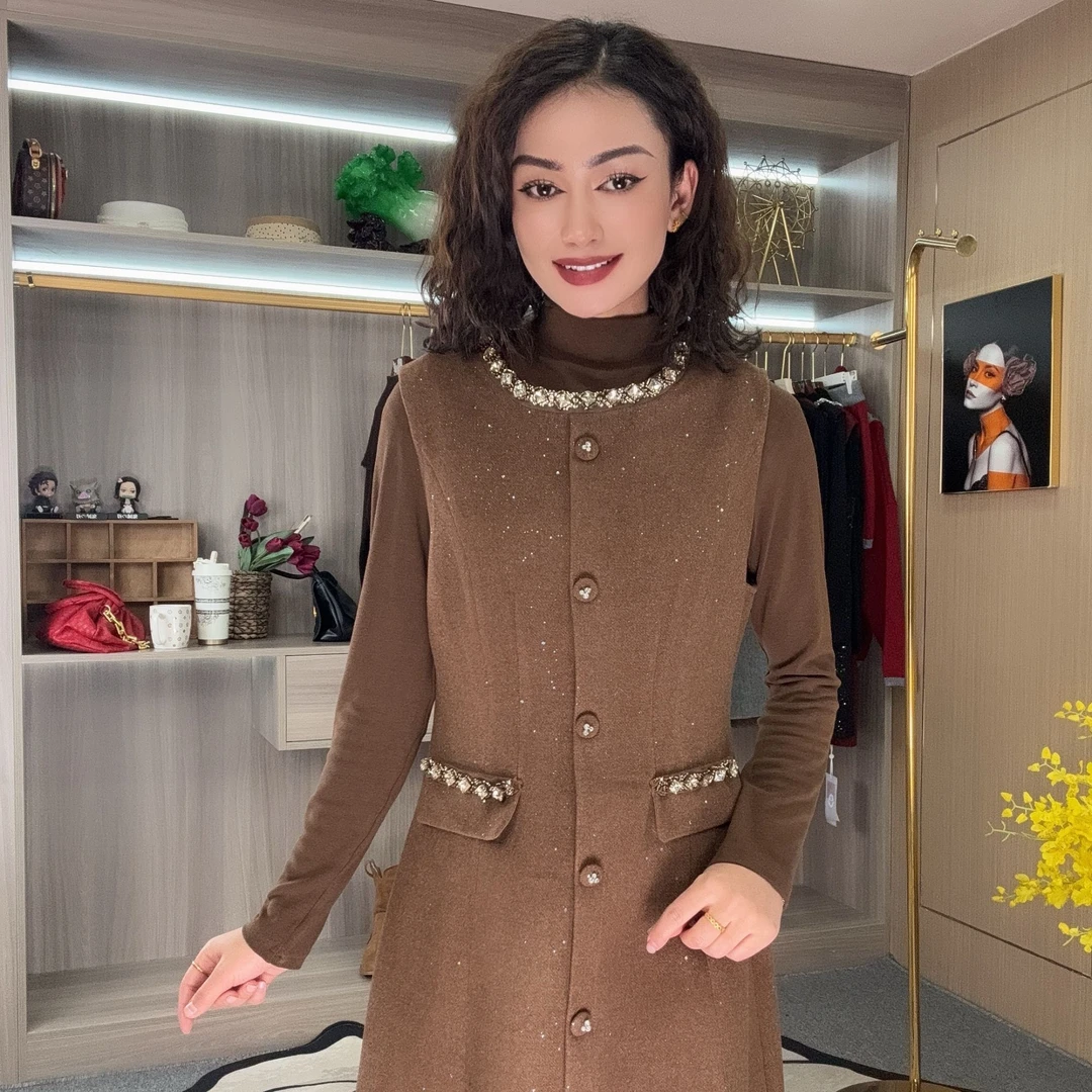 时尚百搭气质轻奢法式中长2606款两件马甲套装连衣裙