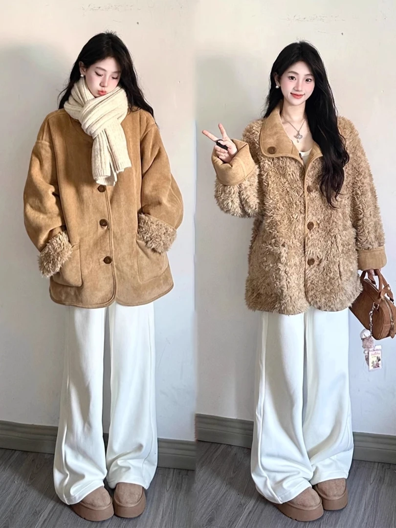 冬季新款高级感正反两穿皮毛一体羊羔毛外套女时髦加绒保暖机车服