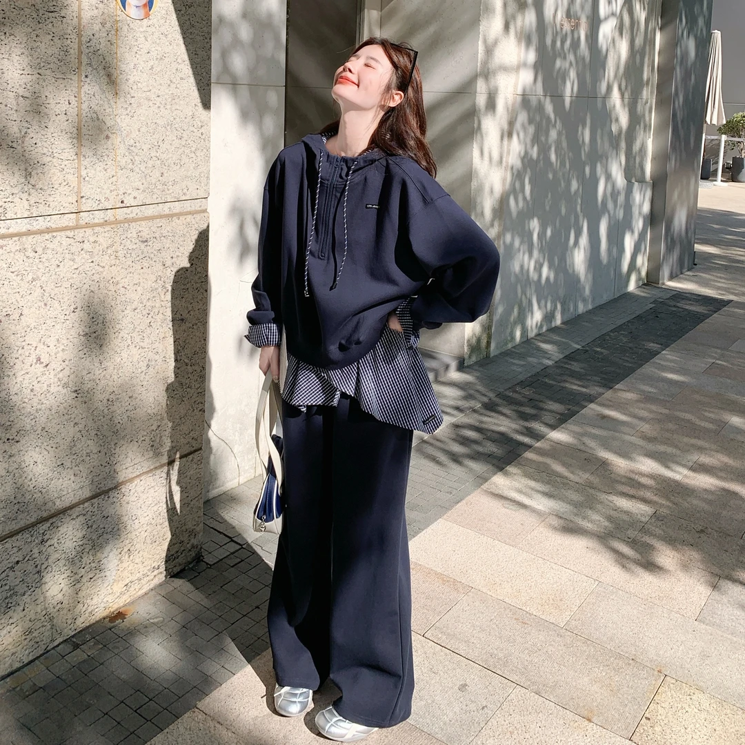 藏青色韩系格纹拼接连帽卫衣套装女2025秋季休闲运动阔腿裤两件套