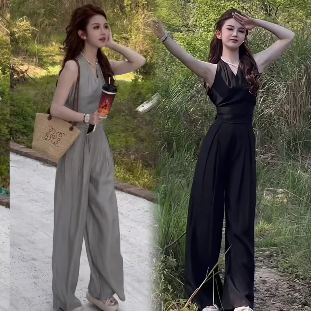 极简巴黎御姐高级感气质领挂脖休闲别致感阔腿裤套装两件套