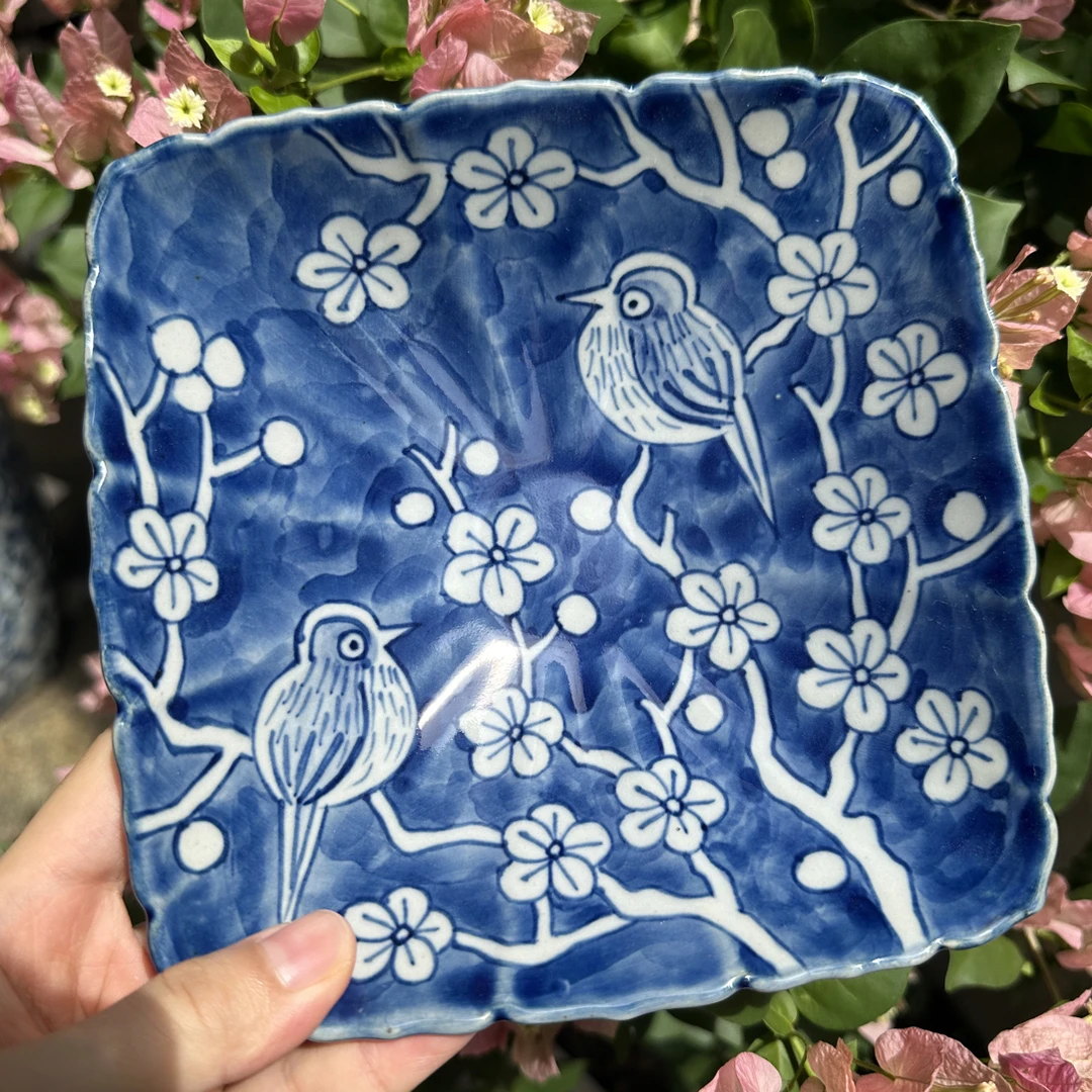 【近山古美】梅花鸟方形斗笠盘手工手绘釉下彩高温瓷