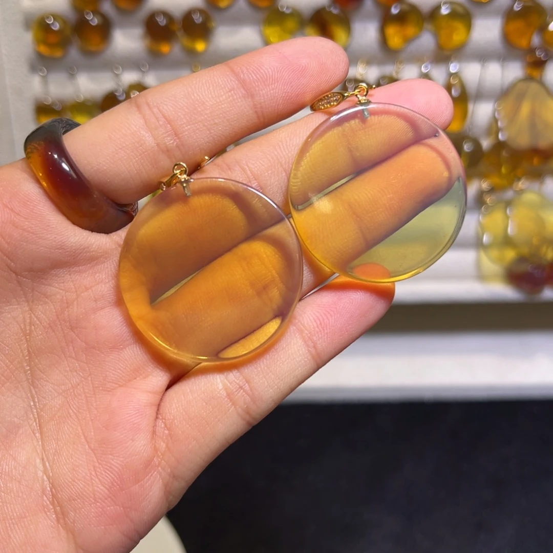 琥珀手镯银S925镶嵌圆牌耳钩