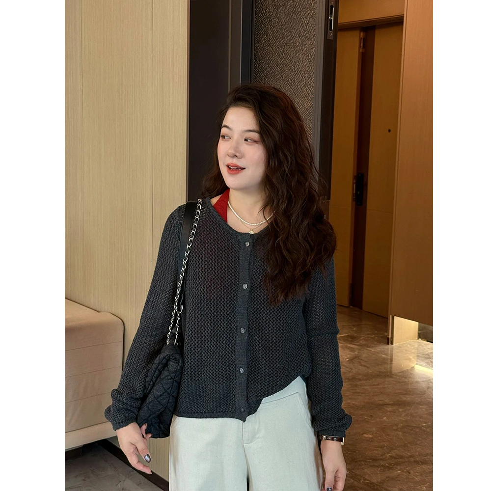 WenWen小个子韩版挂脖背心+针织开衫两件套镂空显瘦撞色毛衣4381