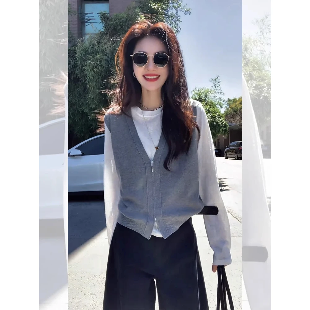 慵懒老钱风气质宽松长袖T恤背心上衣女装2025秋冬新款时尚两件套