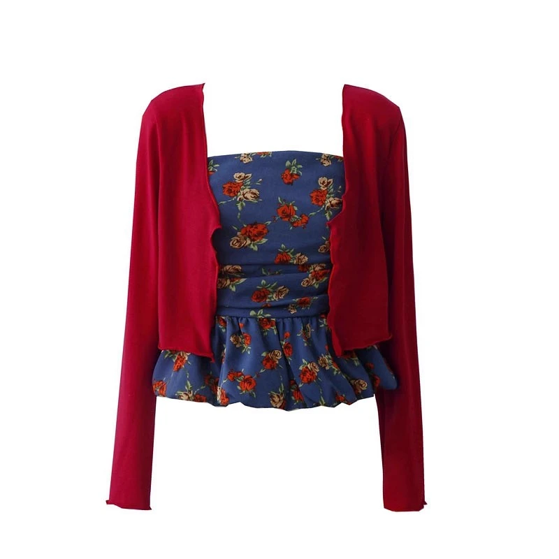 自制法式度假风复古玫瑰碎花抹胸背心+红色开衫外套两件套上衣女