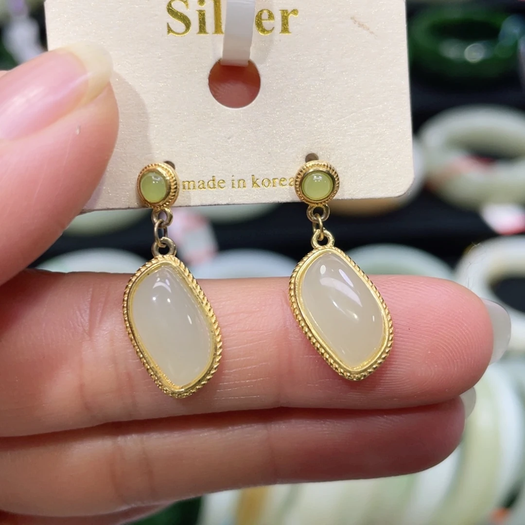 银S925镶嵌和田玉耳饰