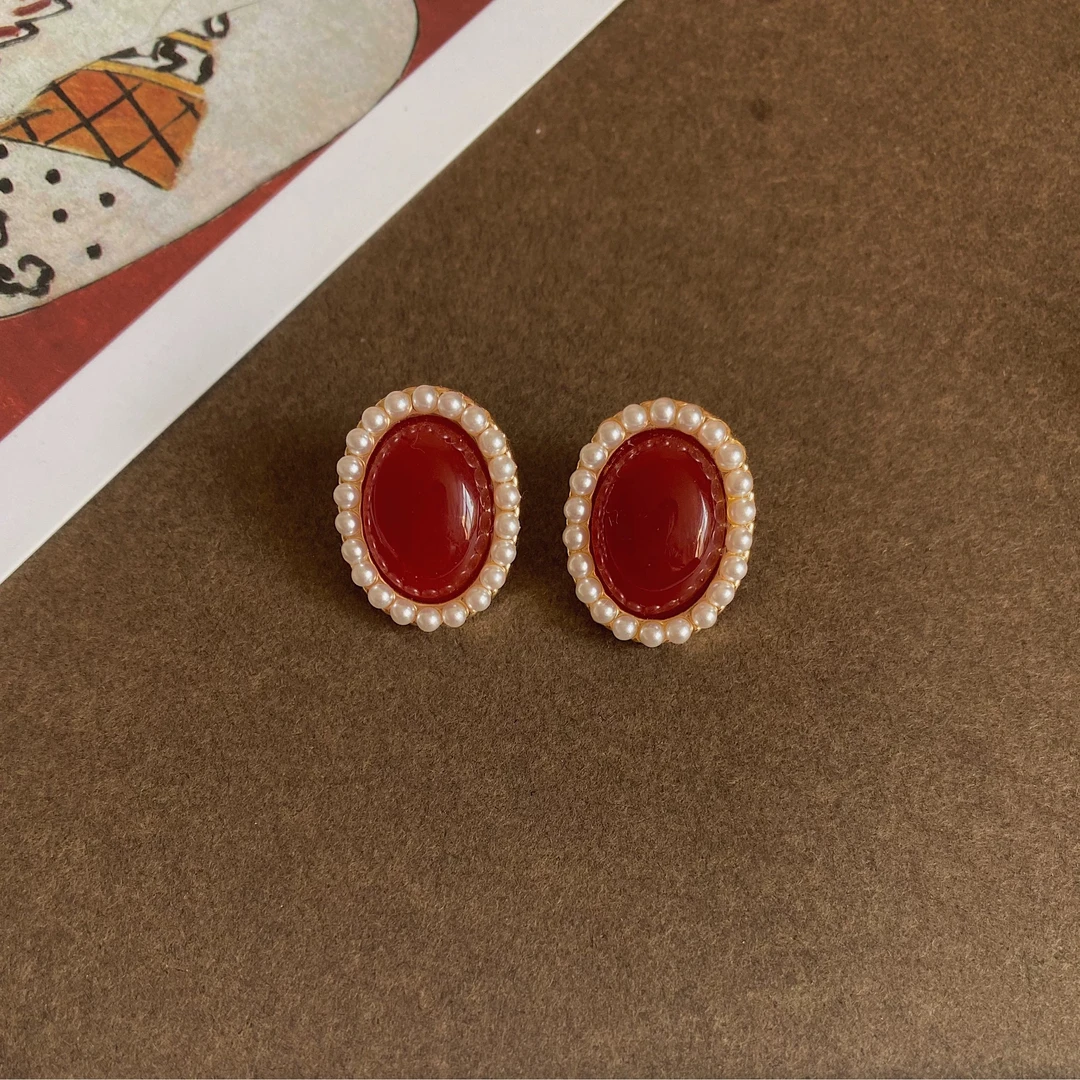 铜合金耳饰 【351】时尚大气玫红椭圆精致个性设计感美拉德耳环耳饰