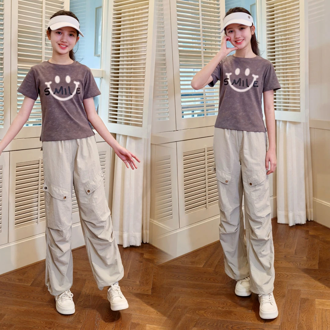 女大童正肩短袖t恤女夏季新款卡通上衣初中生阔腿工装裤休闲套装