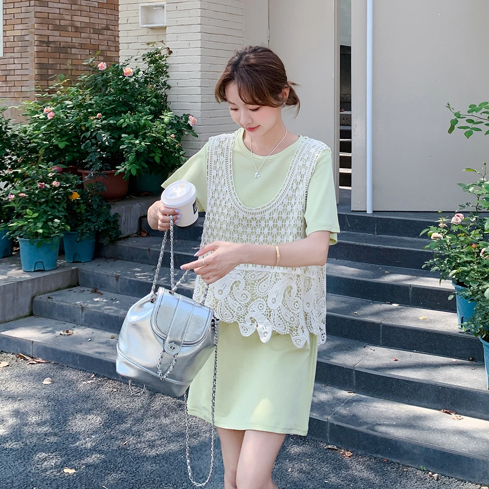 韩系甜美清新镂空罩衫T恤裙两件套女2025夏季新款绿色连衣裙套装