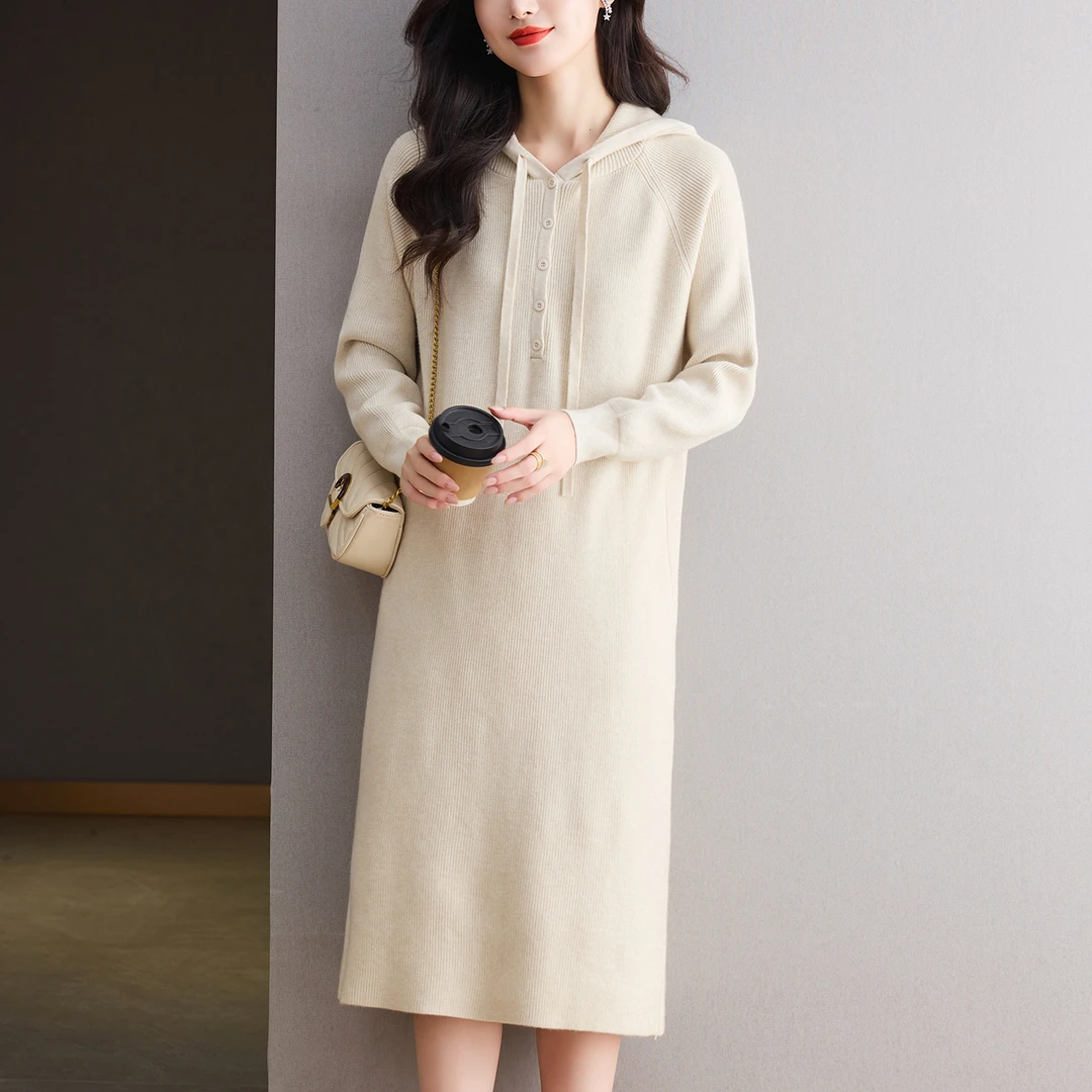 高级感超好看卫衣裙秋冬长款气质针织连衣裙显瘦洋气漂亮连帽毛衣