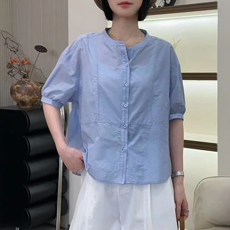气质圆领短袖衬衫女款2025新款夏季时尚洋气法式慵懒松弛感上衣服