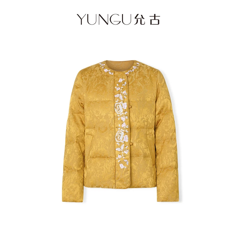 YUNGU允古【金风玉露】新中式国风拼接盘扣刺绣提花白鸭绒羽绒服女