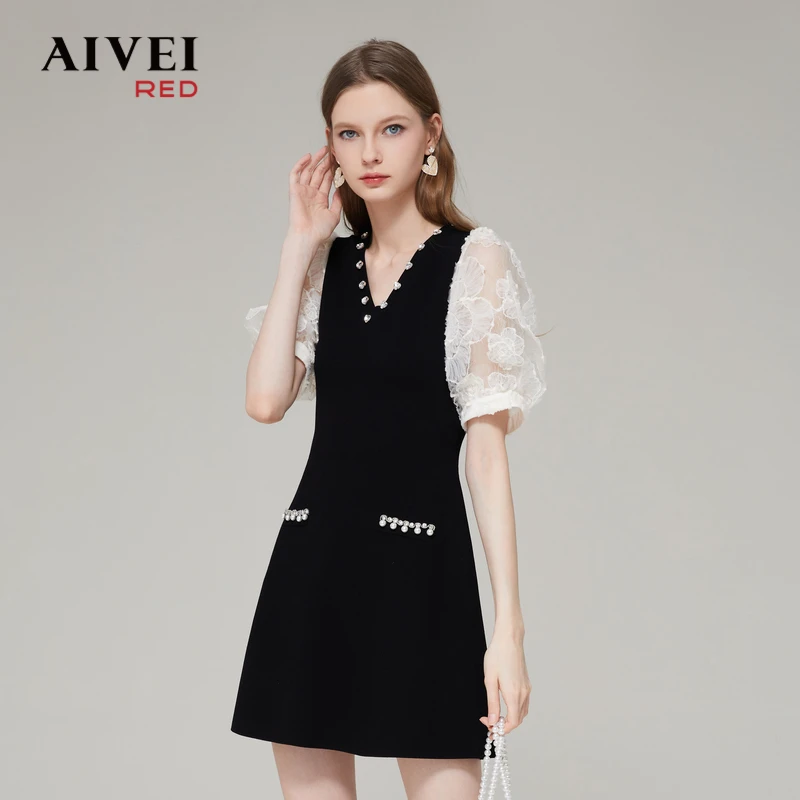 AIVEI欣贺优雅泡泡袖V领显瘦针织礼服连衣裙Q0360047