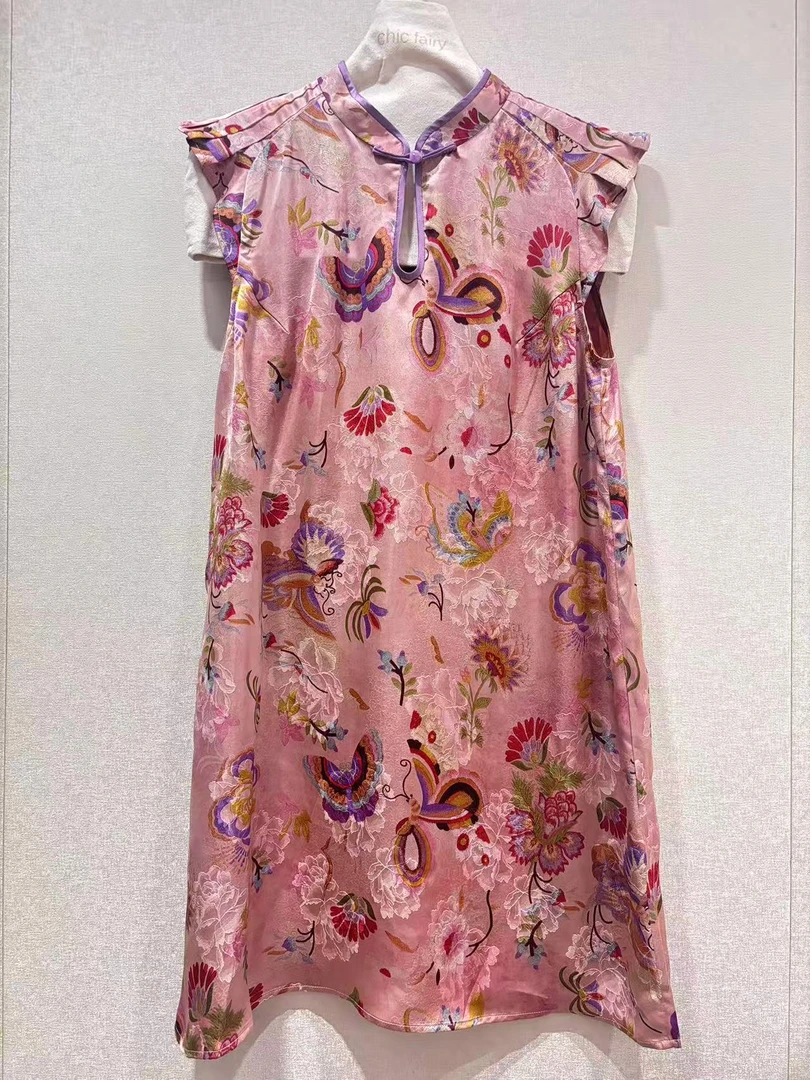 CHIC FAIRY【梦蝶】夏季立领蝴蝶印花人丝香云纱连衣裙