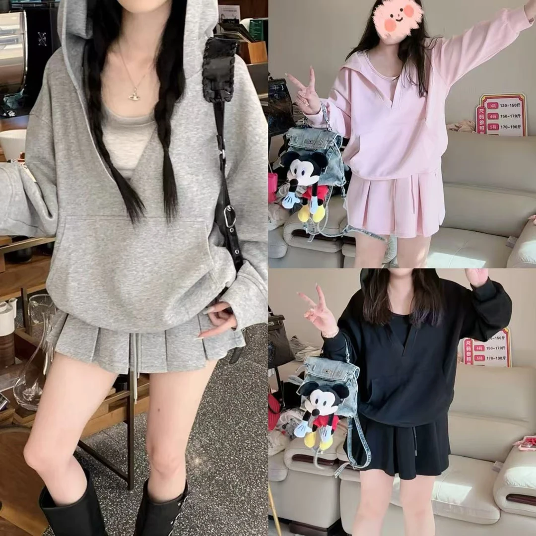 【无运费险】春季新款大码女装宽松减龄甜美风连帽卫衣背心半身裙