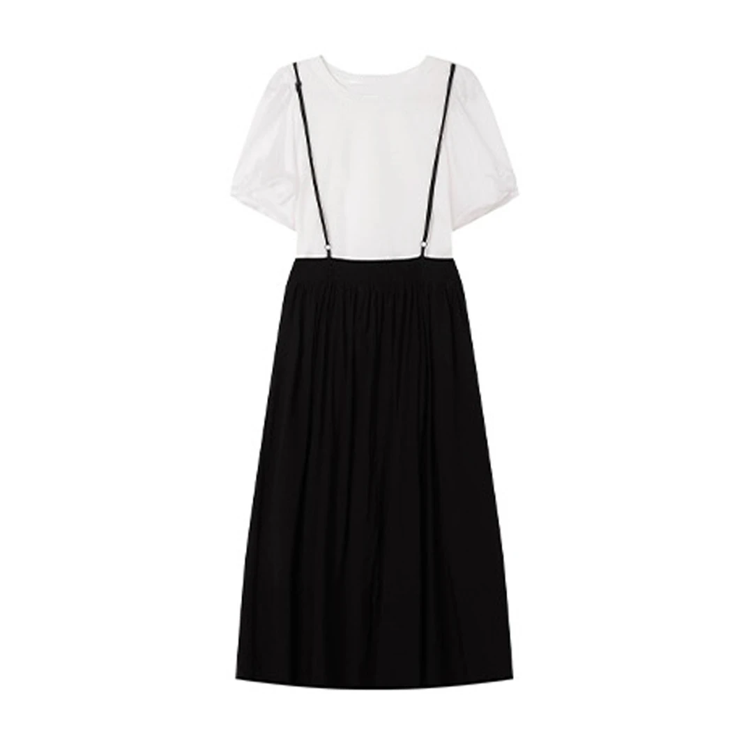 【NaNa】T恤背带裙两件套圆领拼接泡泡袖时尚套装23725