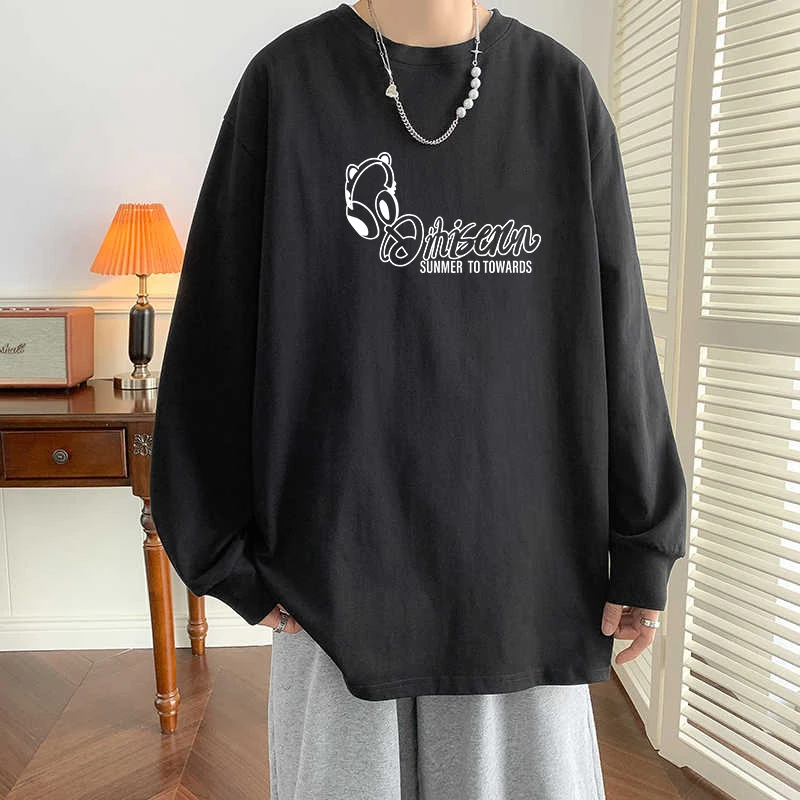 霄桂姿春季新款圆领长袖T恤男宽松印花内搭潮流学生百搭打底衫
