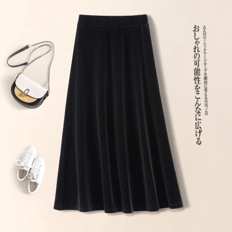 拉夏贝尔金丝绒半身裙女春秋2025新款中长伞裙松紧高腰黑色a字裙