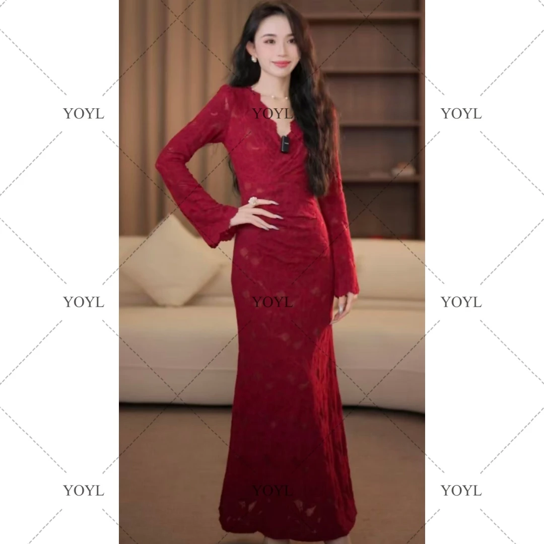 【yola】海棠秋季新款气质收腰显瘦V领鱼尾连衣裙-YL11130