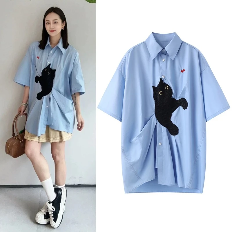 【Betterme定制】时尚宽松休闲百搭蓝色条纹猫咪衬衫女