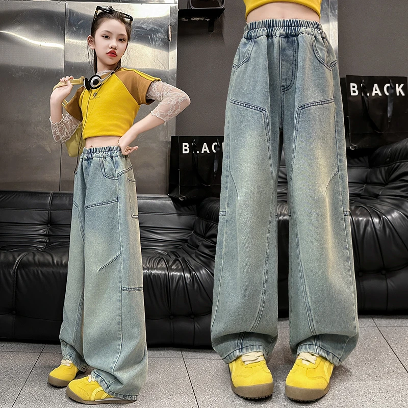 女童牛仔裤2025春夏6-12岁中大童时髦直筒阔腿裤儿童休闲弯刀裤子