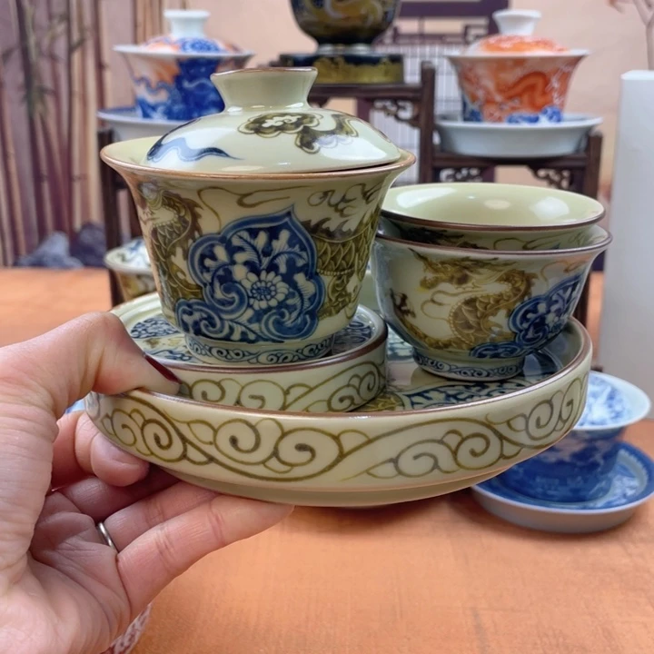 陶摆件二号釉釉里金穿花龙五件套