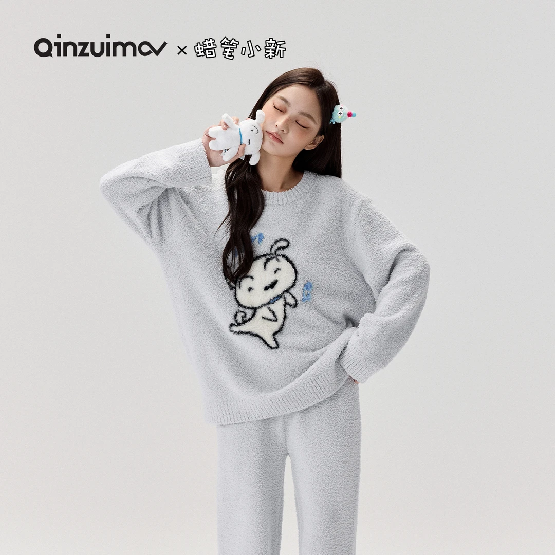 亲嘴猫【蜡笔小新】小白半边绒睡衣女秋冬季保暖家居服套装可外穿