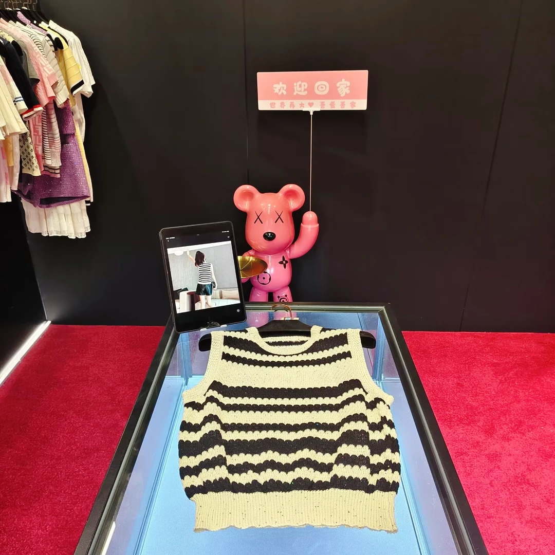 4594 条纹刺绣波浪边针织无袖上衣时尚百搭