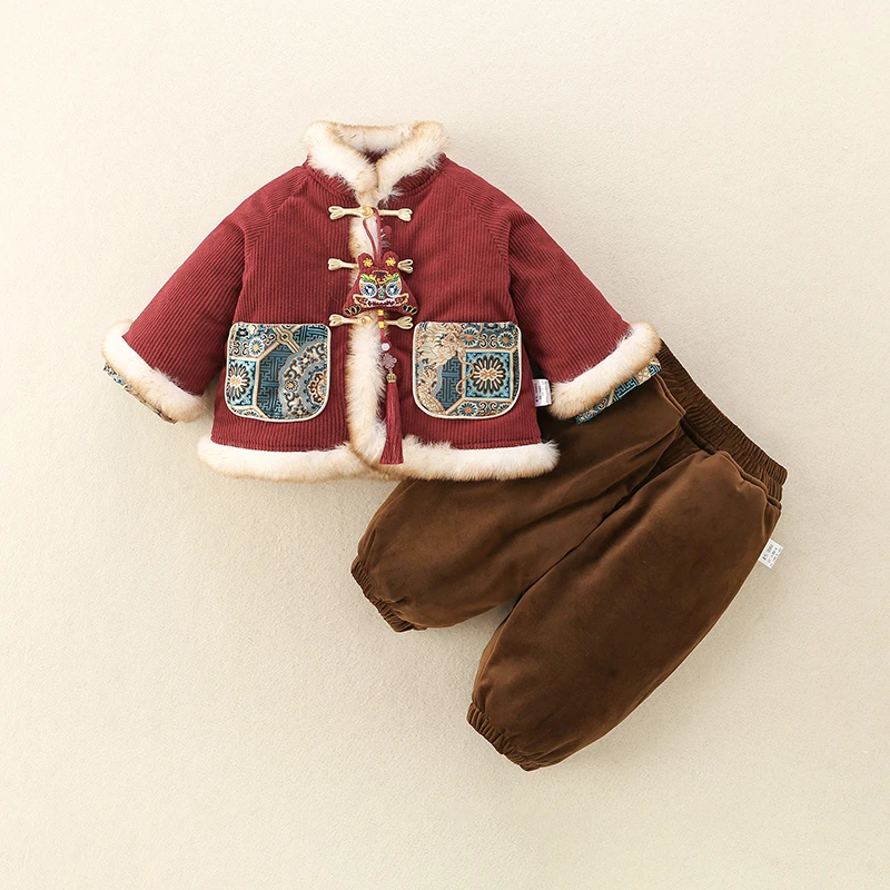 新款小少爷帅气套装冬喜庆洋气男宝宝国风加绒加厚保暖服周岁礼服