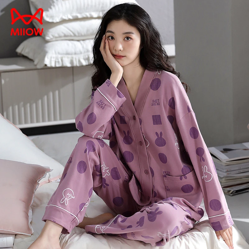 MiiOW/猫人2025年新款睡衣女春秋季纯棉长袖开衫可外穿家居服套装