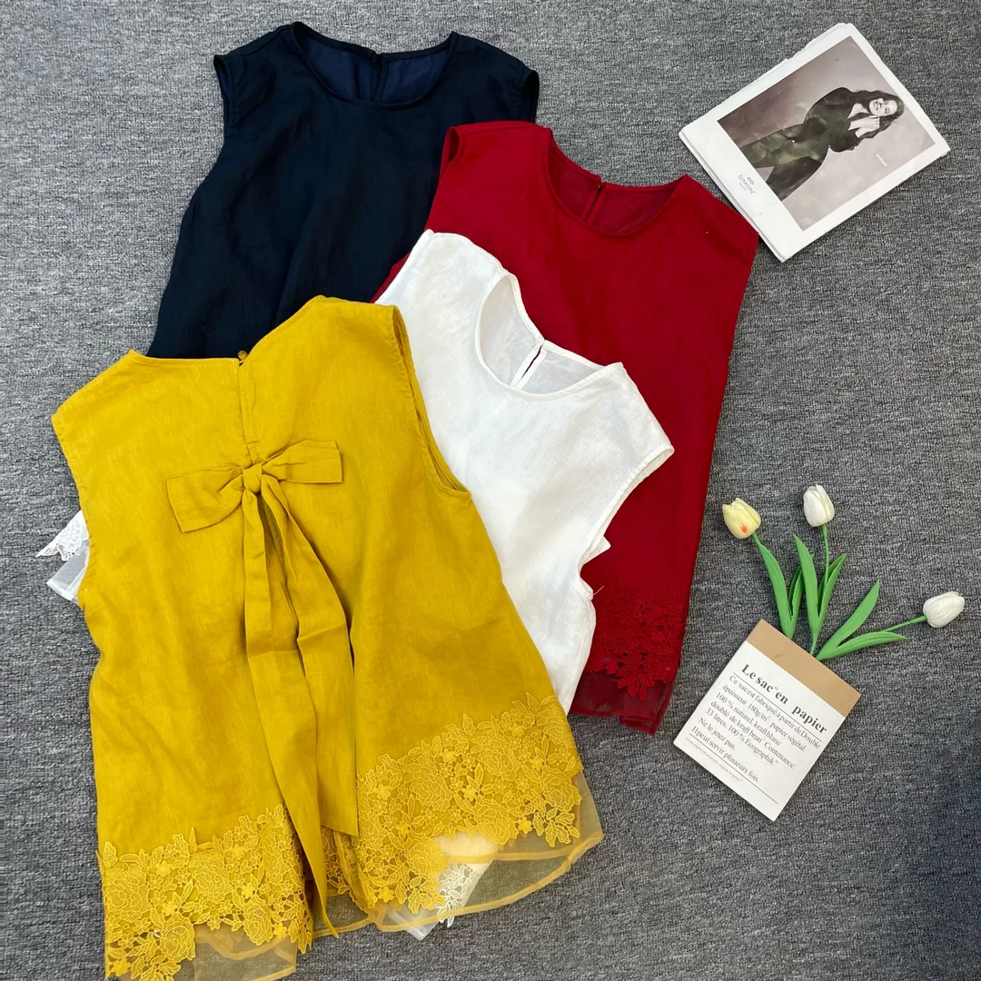 【苗姐优选】100亚麻提花下摆网纱无袖马甲上衣XX725