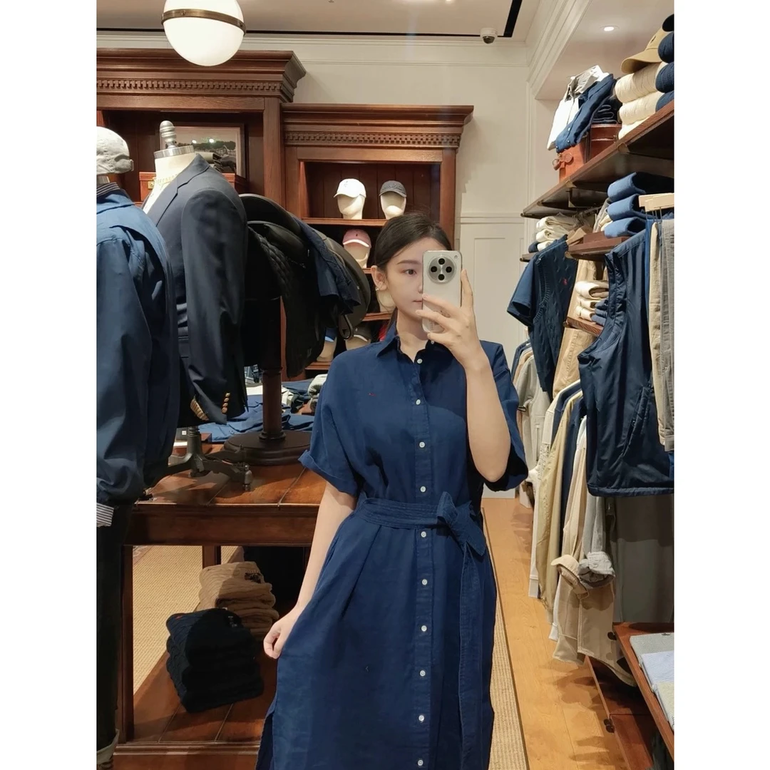 亚麻高端短袖连衣裙女士2025夏季新品复古通勤立领516