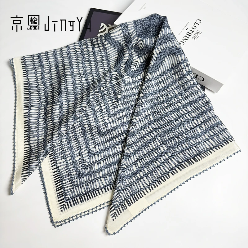 京榆 丨编织风丨定制款100%桑蚕丝14姆米双绉花边方巾丝巾65*65cm