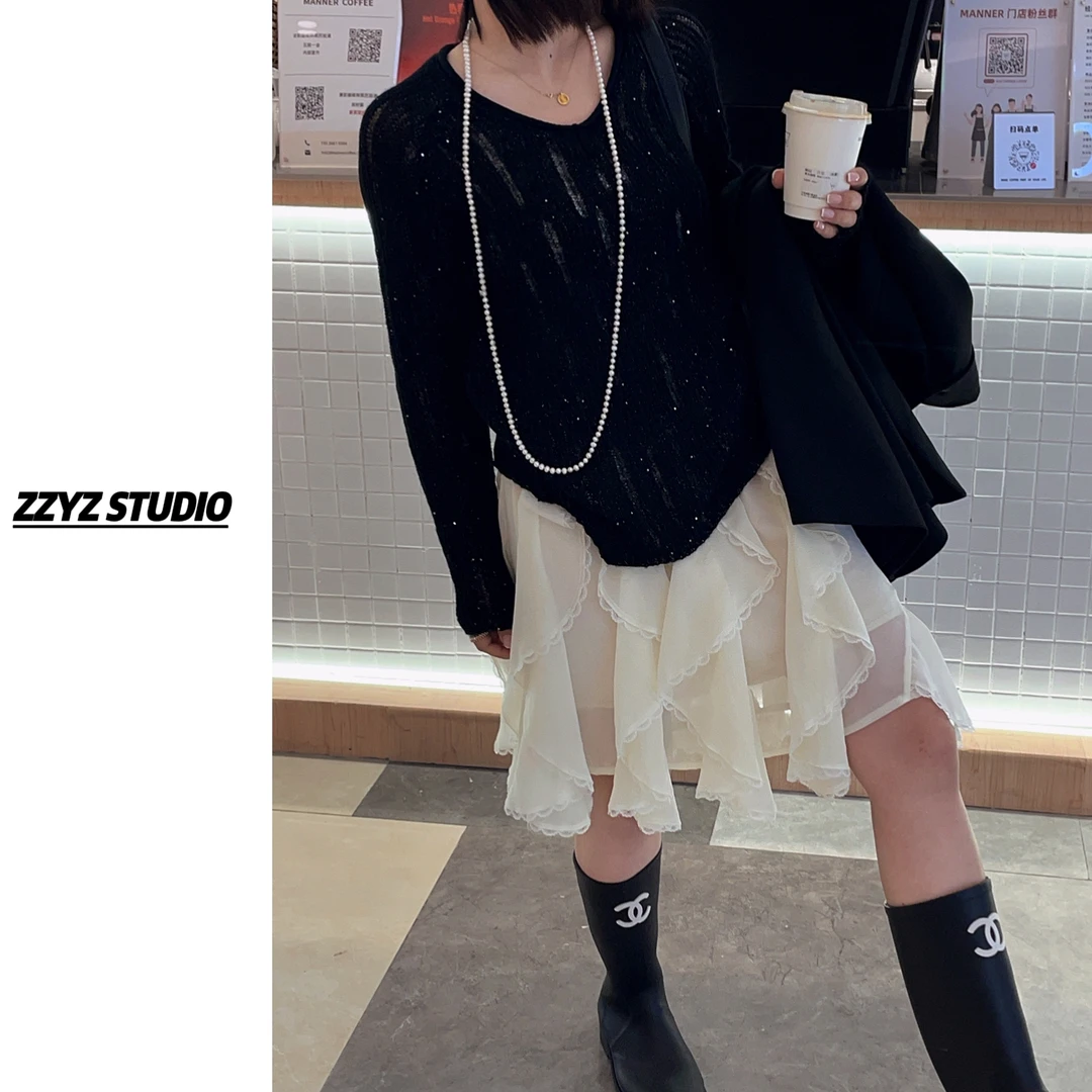 【ZZYZ】“桃沏乌龙”百搭糖果色宽松V领个性亮丝针织衫上衣 5017