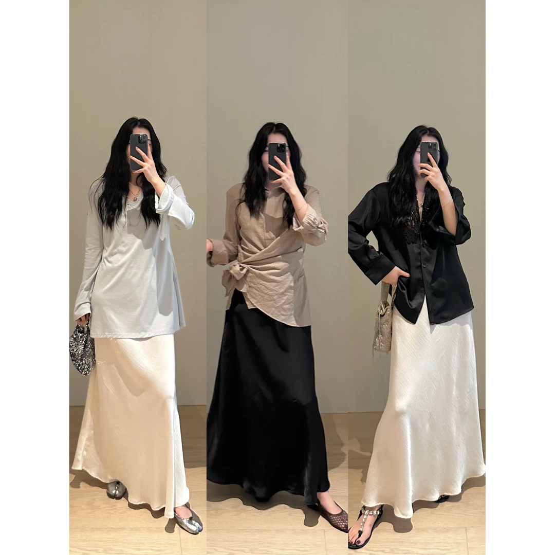 YJR黑白缎面半裙 法式气质显瘦时尚百搭休闲半身裙YJR1004