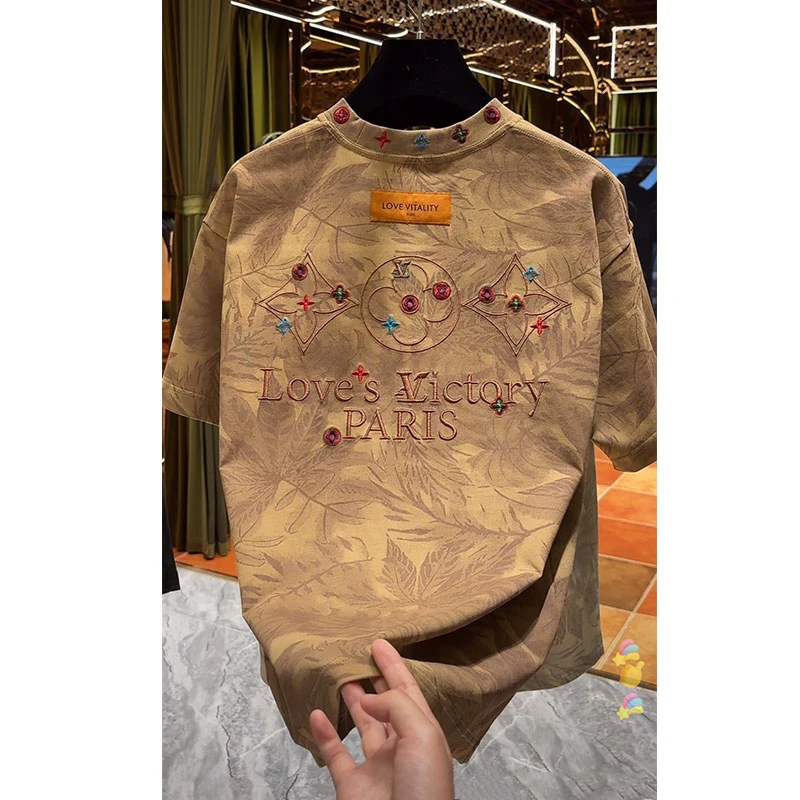 欧洲站轻奢高定大牌男装上衣2025夏季新款字母刺绣宽松短袖T恤潮