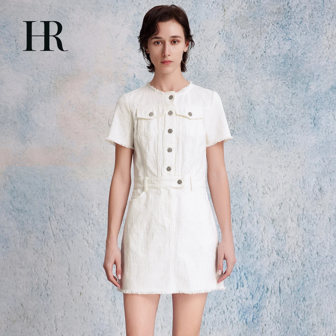 【HR赫莲娜】白色小香风收腰卡通夏季街头风泡泡袖排扣女-