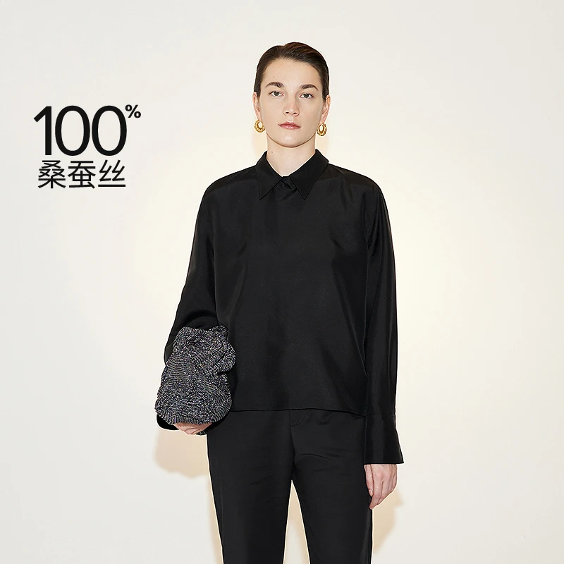 LESS春季桑蚕丝衬衣女简约宽松优雅不对称下摆衬衫2N3214230