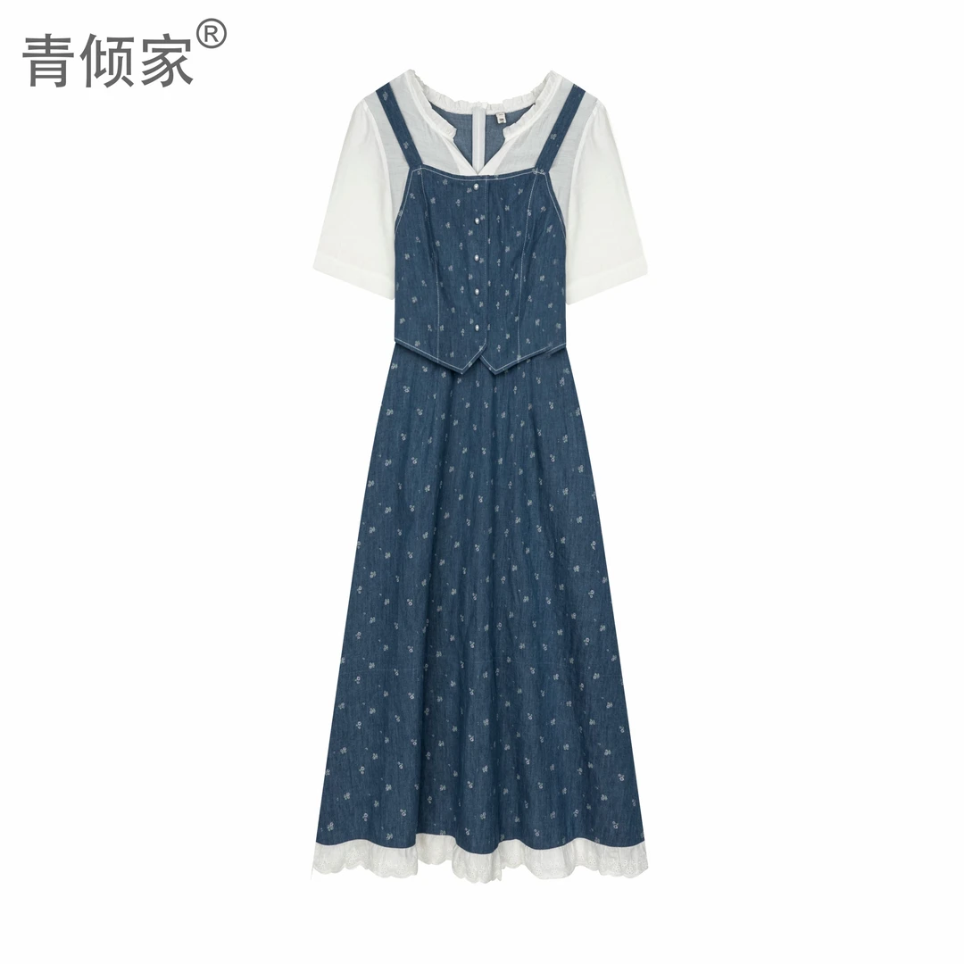 青倾家【米兰旧刊】蓝色假两件牛仔拼接连衣裙女中长款2025夏季新款